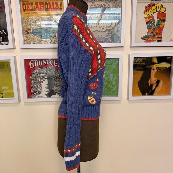 Vintage 90s Blue Chunky Knit Patchwork Embroidered Fall Winter Sweater - Picture 3 of 8